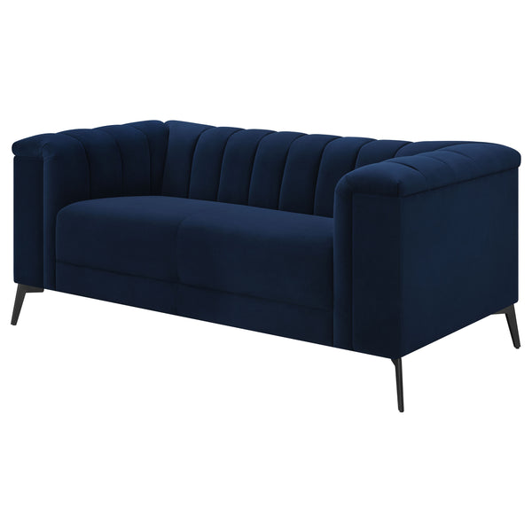 English Elm Darci Blue Velvet Loveseat with Vertical Channel Tufting, Angled Black Metal Legs for Luxe Style B062P357779