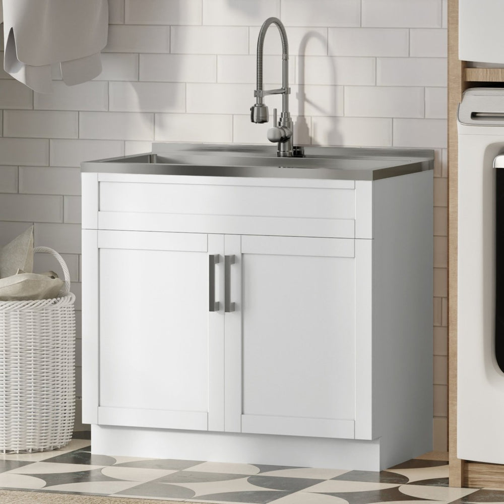 English Elm Hennessy Shaker Cabinet Utility Sink Stainless Steel Basin Laundry Room Setup B136P427215