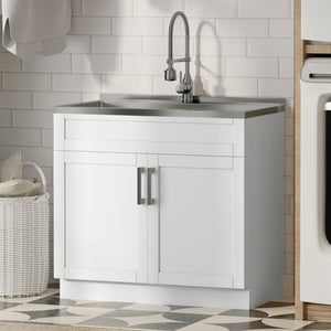 English Elm Hennessy Shaker Cabinet Utility Sink Stainless Steel Basin Laundry Room Setup B136P427215