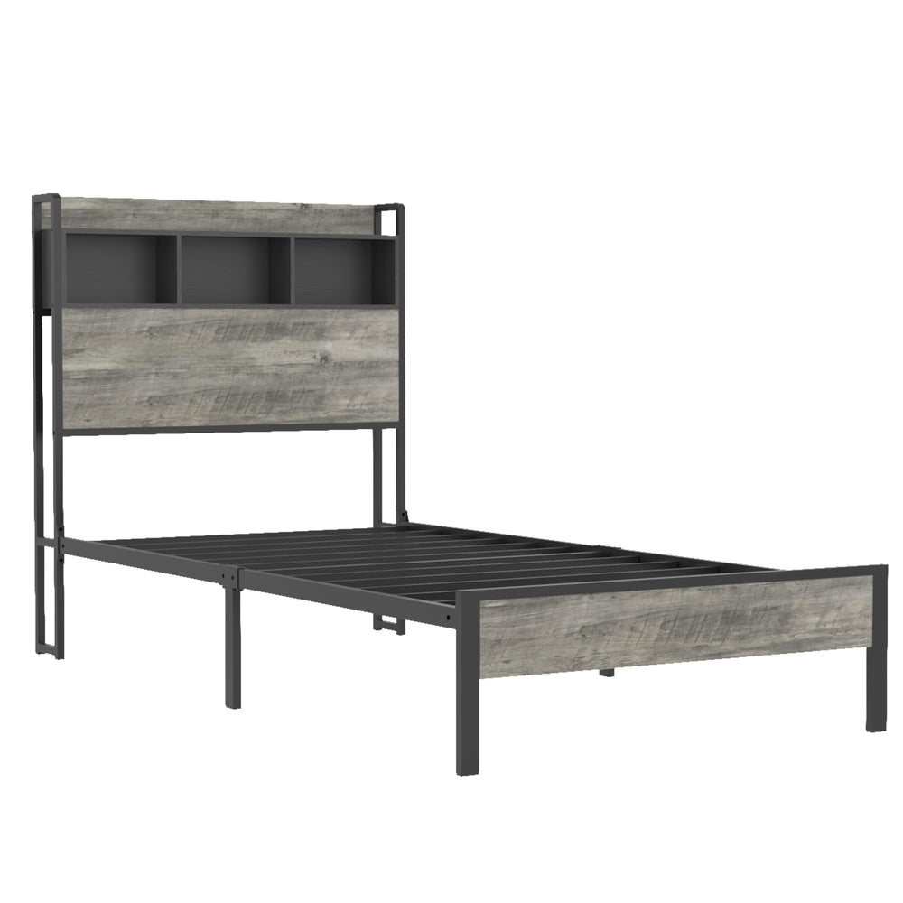 English Elm Bed single-frame with antique gray wood & metal, headboard storage and central charging station, sturdy support W636P315790