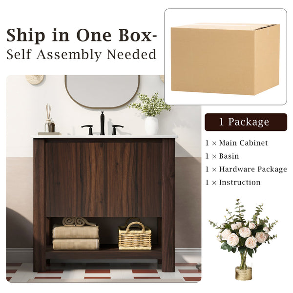 English Elm Christopher Knight Home® - 36" Modern Wall-Mounted Bathroom Vanity with Ceramic Sink, Soft-Close Doors, Fluted Accent & Open Shelves Antique brown N817P245321B
