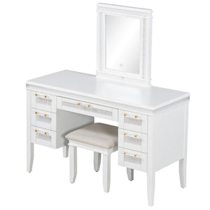 English Elm 48" Makeup Vanity Desk with Led Mirror Bamboo Weave Drawers Cushioned Stool Bedroom Light Beige N704P337484K