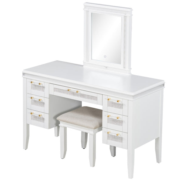 English Elm 48" Makeup Vanity Desk with Led Mirror Bamboo Weave Drawers Cushioned Stool Bedroom Light Beige N704P337484K