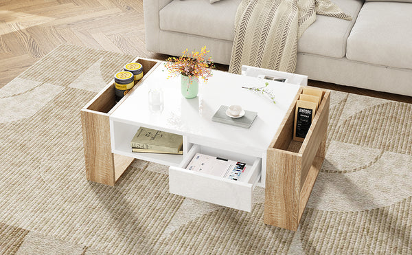English Elm ON-TREND High Gloss Coffee Table with 2 Drawers, Hidden Compartment, Open Shelf, Modern Luxury Finish White+Natural N721P205792K