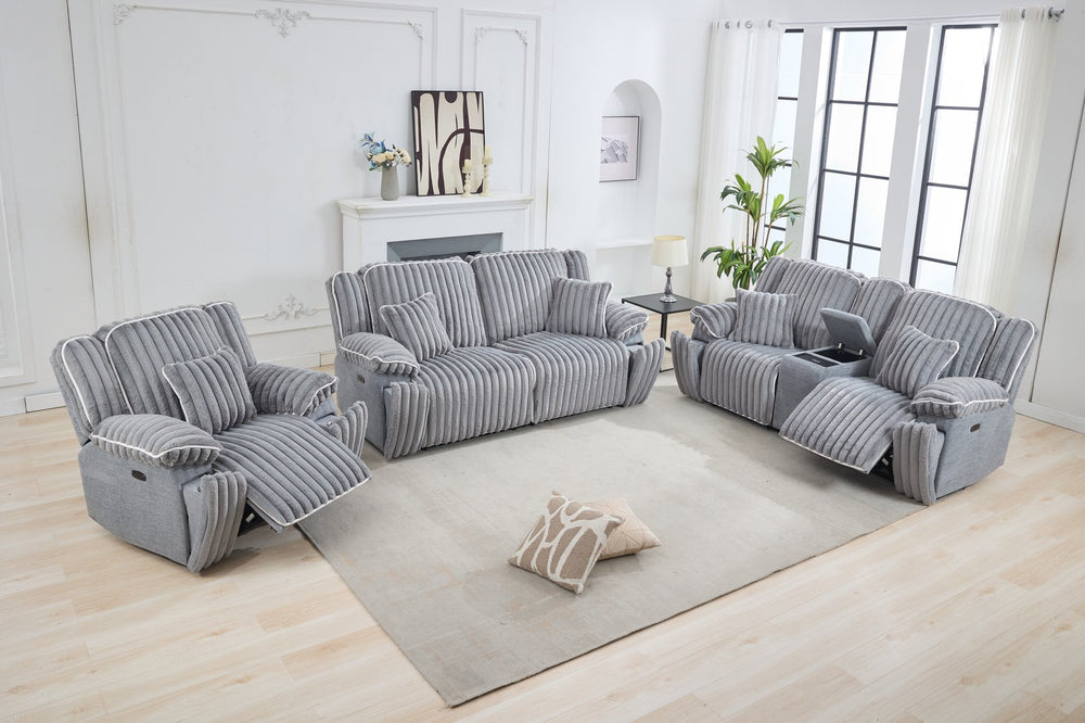 English Elm M079 Power Reclining Sofa Set – Grey Fabric Loveseat, Single Recliner & Usb Charging Convenience W1805S00104