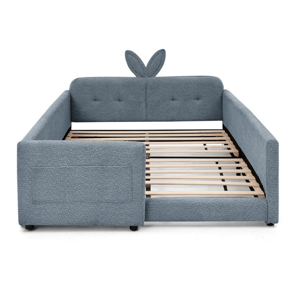 English Elm Full Size Boucle Platform Bed Whimsical Rabbit Ear Headboard with Safety Rail Sky Blue W1413S00137