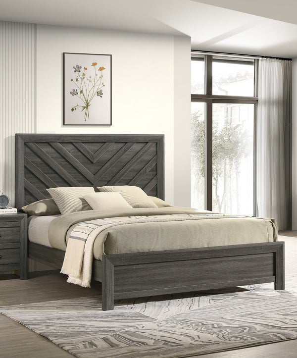 English Elm 1pc Full Size Bed Rustic Gray Chevron Headboard Weathered Wood Finish Contemporary Rustic Design B011S01885