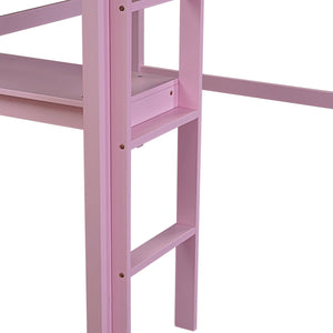 English Elm Twin High Loft Bed with Built-In Desk and Ladder — Space-Saving Rubberwood Study & Sleep Solution Pink W504P206981