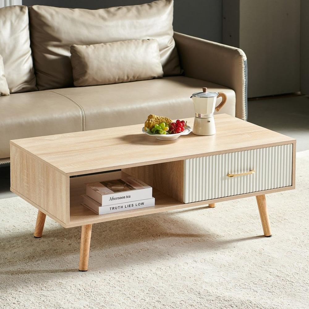 English Elm Rectangle Coffee Table With Solid Wood Legs, Hidden Drawer & Modern Design For Clutter-Free Living W1265P230629-GIGA