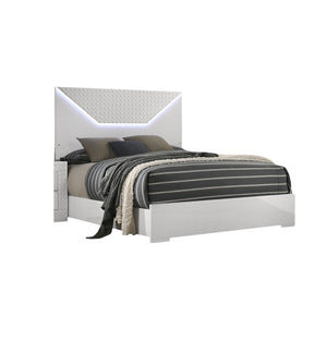 English Elm White Glam Queen Bed with High-Gloss Finish and LED Headboard, Engineered Wood Modern Design White 83 L x 34.5 W x 6 H B2741S00162