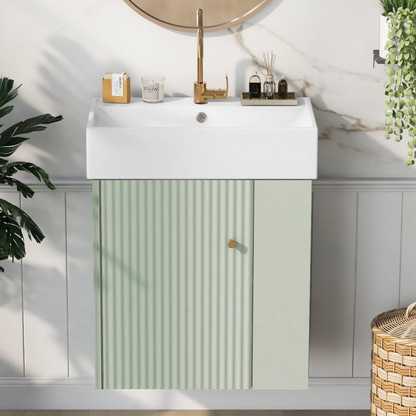 English Elm 21.6 inch Modern Floating Bathroom Vanity with Ceramic Basin, Wave Door, Rose Gold Handle Green N729P170388F