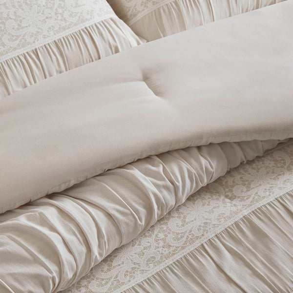 English Elm 7-piece King Jacquard Comforter Set Lace Detail Chambray Cottage Bedroom Ensemble Neutral B035P482889