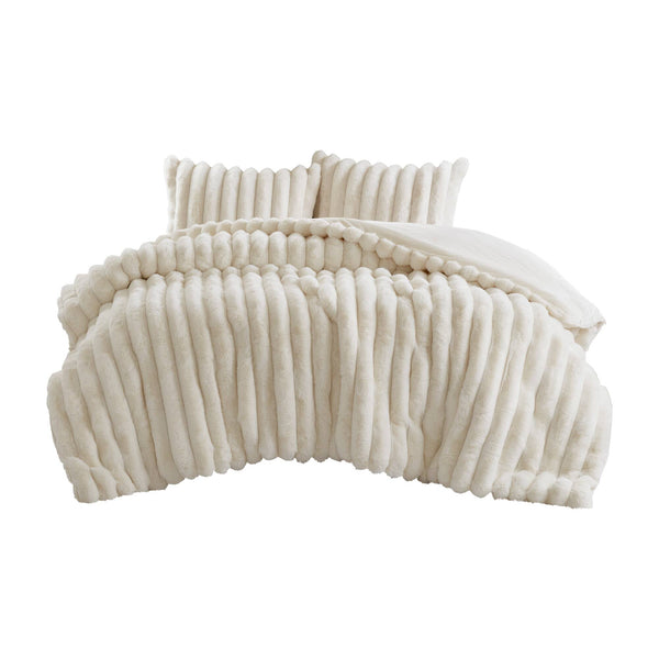 English Elm 3-Piece Luxurious Ultrasoft Faux Fur Ribbed Comforter Set For Full/Queen Bed - Elegant Ivory Design B035P408269