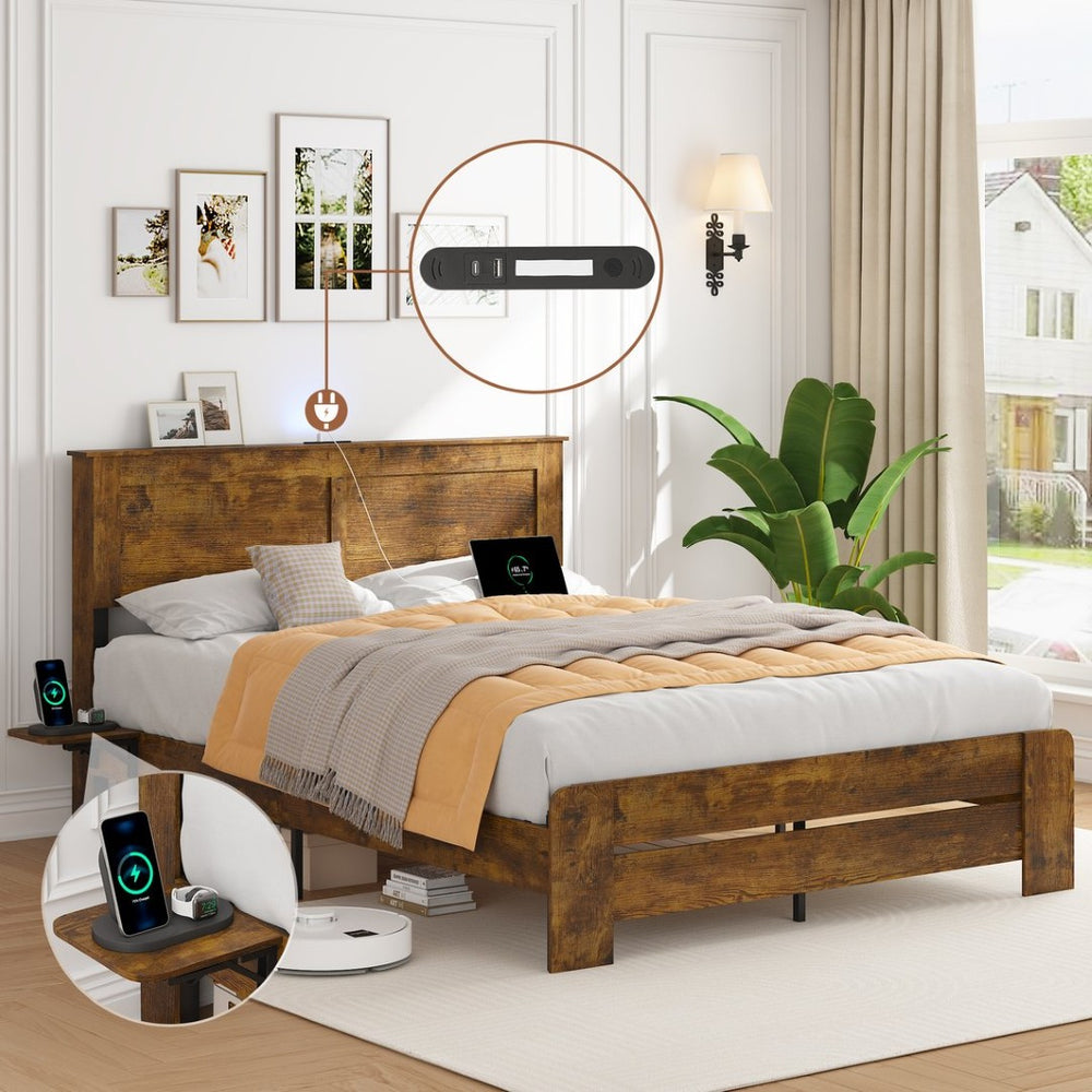 English Elm Farmhouse King Platform Bed Rustic Wood with Led Lighting and Built-in Charging Shelf W1550P366929