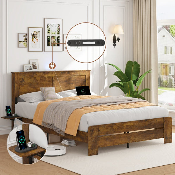 English Elm Farmhouse King Platform Bed Rustic Wood with Led Lighting and Built-in Charging Shelf W1550P366929