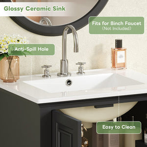 English Elm 24'' French Style Bathroom Vanity with Ceramic Sink Soft Close Cabinet and Drawer Black N710P411227B