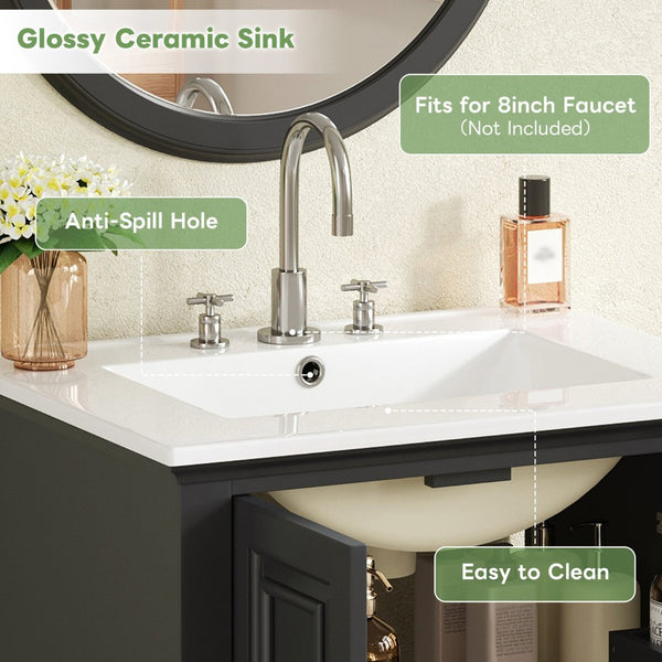 English Elm 24'' French Style Bathroom Vanity with Ceramic Sink Soft Close Cabinet and Drawer Black N710P411227B