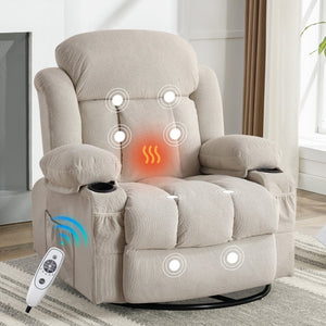 English Elm Swinging Velvet Recliner Chair with Massage Heat Usb Port and 360 Swivel Lounge Seat Beige W1807P298192