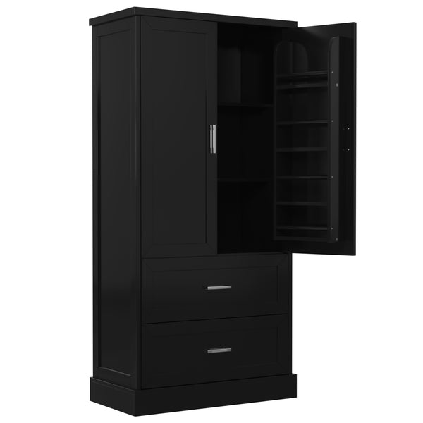 English Elm Tall Bathroom Storage Cabinet with Adjustable Shelves, Two Doors & Drawers, Space-Saving 66" Tall Black N725P178675B