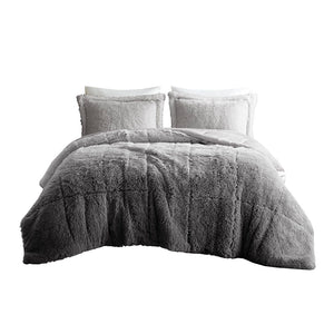 JLA Home Intelligent Design - Ombre Plush Shaggy Faux Fur Comforter Mini Set — Ultra-Soft Ombre Texture with Hypoallergenic Fill, Machine Washable Grey ID10-2146