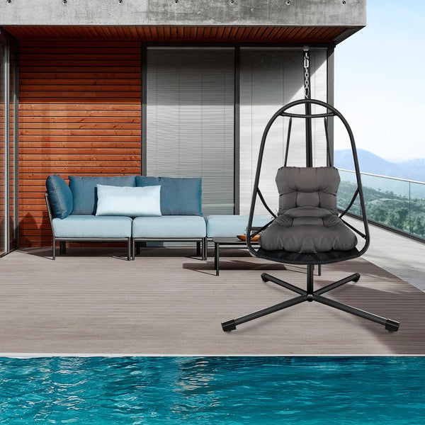 English Elm Swing Egg Chair with Stand - Foldable Rattan Hanging Basket Seat, Cushioned Comfort, Cup Holder Black W2707P388616