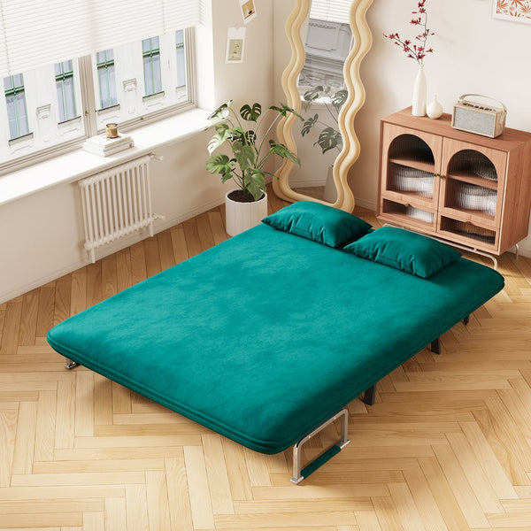 English Elm velvet 55" Convertible Chair Bed - Antique Green Tri-Fold Sofa with Adjustable Backrest, Pillow & Sturdy Steel Frame for Home Office Comfort W1767P192809