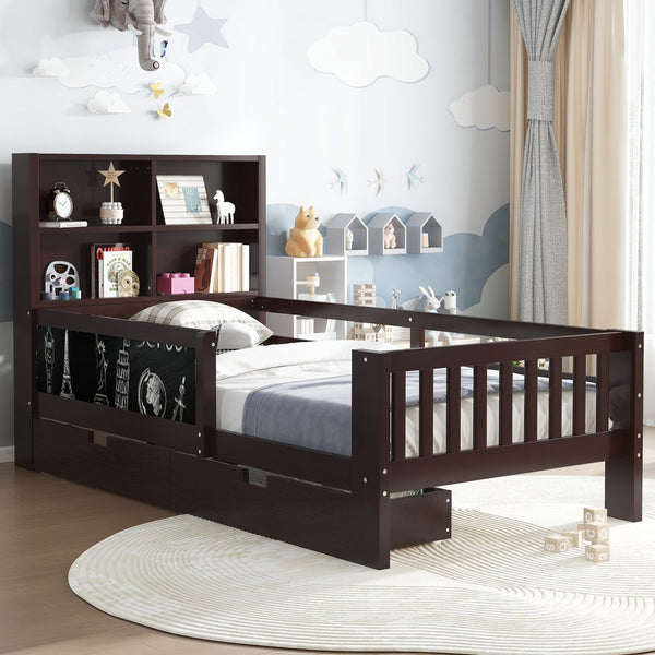 English Elm Twin Chalkboard Platform Bed with Drawers & Shelves, Solid Wood Kids Bed with Storage and Creative Headboard Espresso W1580P362705