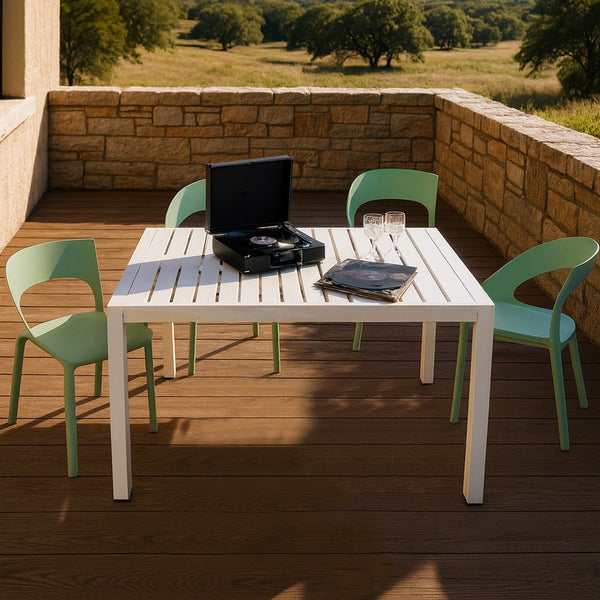 English Elm Haze 4-Piece Indoor-Outdoor Dining Set with Weatherproof PP Seats & Powder-Coated Metal Table Legs Haze Green,White W3450S00047
