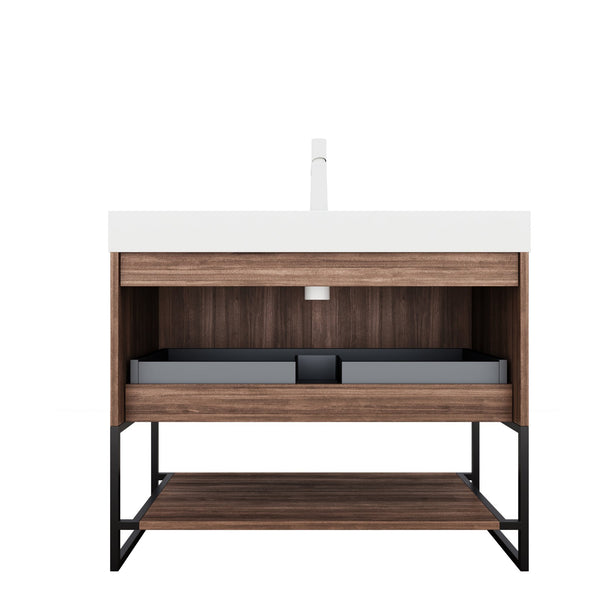 English Elm YOLAN 36" Bathroom Vanity with Integrated Solid Surface Basin, Pre-Assembled Plywood Cabinet, Soft-Close Drawer and Open Towel Shelf Walnut,White W2615S00069
