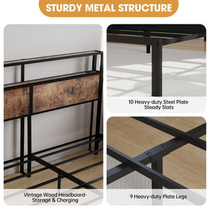 English Elm Queen Metal Platform Bed with Rgb Led Headboard Charging Station and Underbed Storage T3963P483719