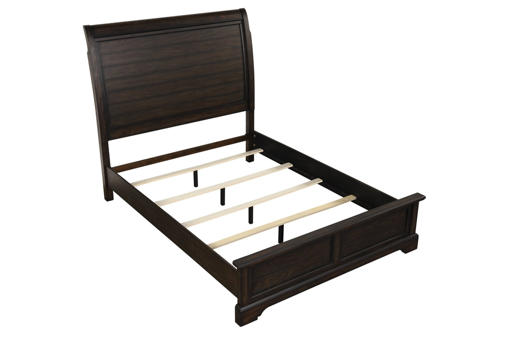 English Elm Queen Mahogany Sleigh Bed with Elm Veneer & Pine Solid Frame, Traditional Curved Headboard Design B2699S00050