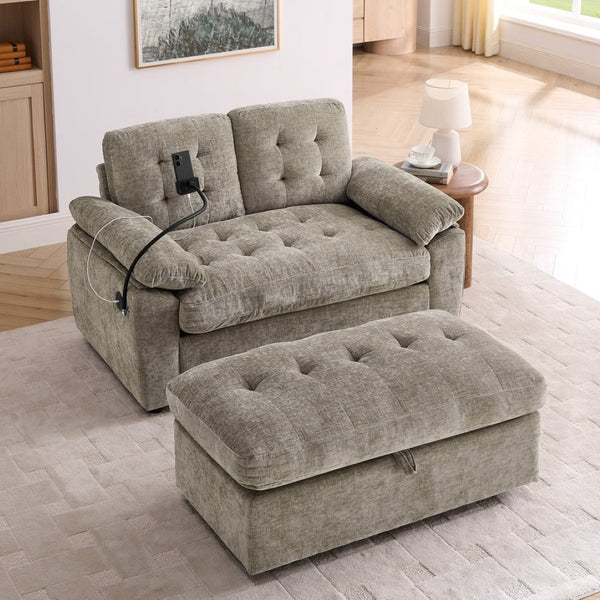 English Elm Leisure Chenille Two Seat Reclining Sofa with Usb Port Storage Ottoman Padded Armrests Brown W487S00518