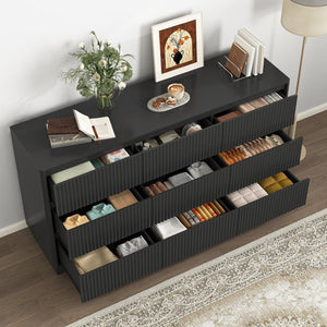 English Elm 9 Drawer Matte Wood Dresser with Wave Front Mid Century Modern Low Profile Storage Black W409P387577