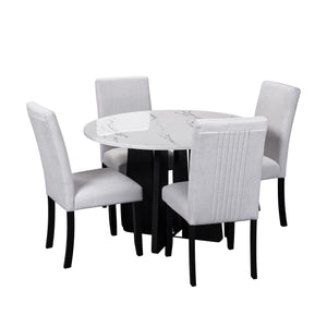 English Elm 5-Piece Round Dining Set with 43" Modern MDF Table and 4 Upholstered Fabric Chairs for Compact Spaces Beige+White N752S001055K