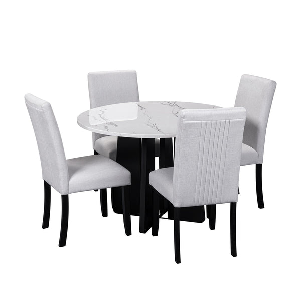 English Elm 5-Piece Round Dining Set with 43" Modern MDF Table and 4 Upholstered Fabric Chairs for Compact Spaces Beige+White N752S001055K