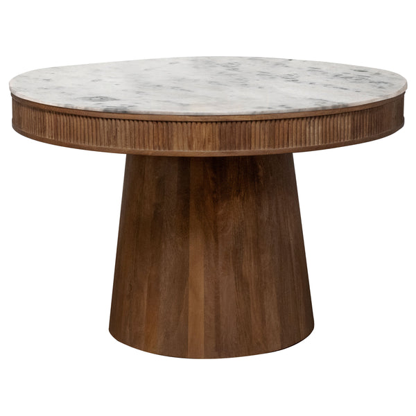 English Elm Feast 46" Round Marble Dining Table with Fluted Mango Wood Base — Elegant White Top, Natural Finish B062S00856
