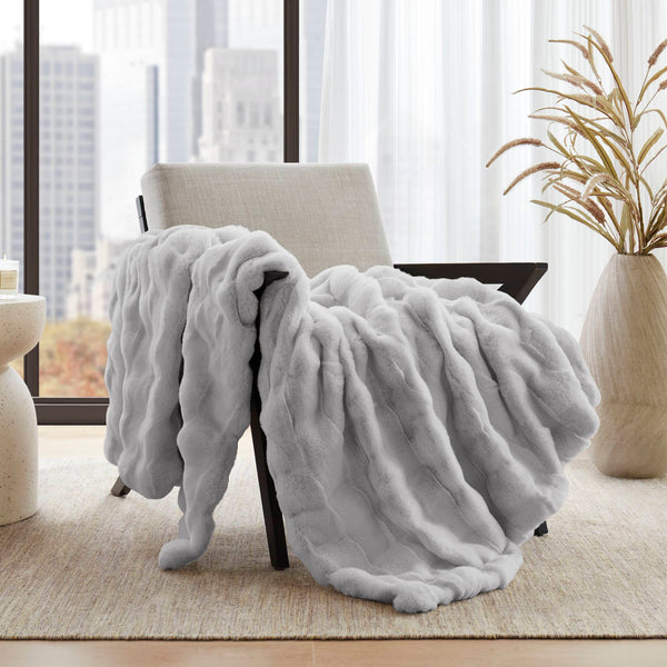 JLA Home Madison Park - Faux Faux Fur Throw Madison Park — Luxe basket-weave plush, Oeko‑Tex certified, machine washable comfort Light Grey MP50-8797