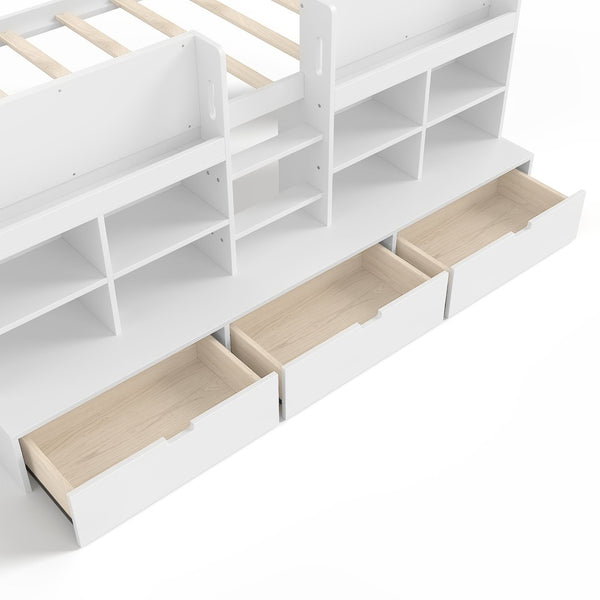 English Elm Twin Xl Low Loft Bed with Curtain Hideaway Chalkboard and Built-in Storage Shelves W1580S00399