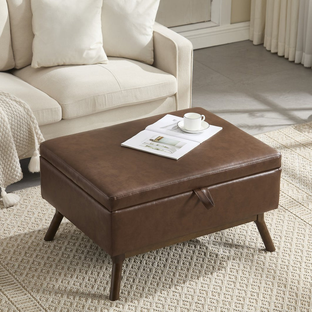 English Elm Mid-century square storage bench with solid wood frame, microfiber upholstery, versatile ottoman seat and tabletop functionality for living room and entryway appeal Brown PU W1539P269658