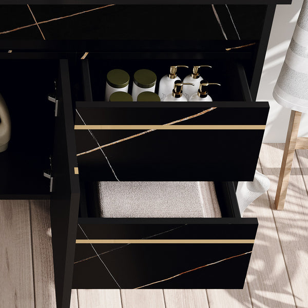 English Elm 35.4 Modern Floating Bathroom Vanity with Faux Marble Sink Top, 2 Soft-Close Drawers, Black Finish W3136S00005