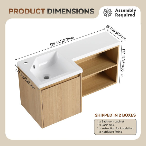 English Elm 36" Corner Wall Mounted Bathroom Vanity Light Oak Floating with Integrated Resin Sink W3450S00050