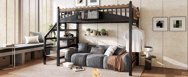 English Elm Twin Xl Metal Loft Bed with Stair Storage Shelves Sturdy Steel Frame for Dorms W1580S00377