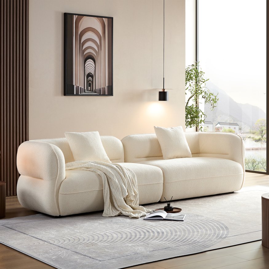 English Elm White round sectional sofa with solid wood frame, high-rebound sponge, child-safe curved arms, 2 pillows, modern modular comfort showroom-quality upholstery 55.51"L x 35.04"W x 25.98"H W2085S00057