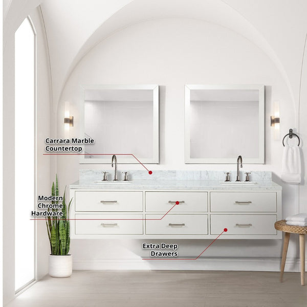 English Elm White Double Bath Vanity Set With Carrara Marble Top, Chrome Faucets & 36" Mirrors For Elegant Baths B2731S01834-GIGA