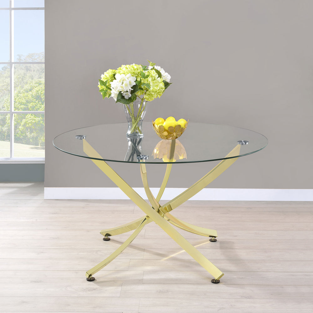 English Elm Orlette Modern Brass Glass Top Dining Table — Clear Tempered Glass Surface, Sturdy Metal Legs, Chic Centerpiece B062S00664