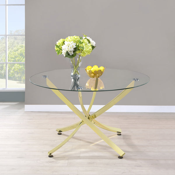 English Elm Orlette Modern Brass Glass Top Dining Table — Clear Tempered Glass Surface, Sturdy Metal Legs, Chic Centerpiece B062S00664