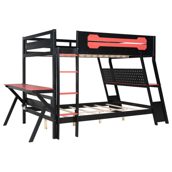 English Elm Full Size Gaming Bunk Bed with Dual Desks Usb Charging Ports and Pegboard Storage Red LT000274AAR