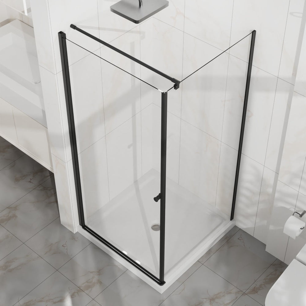 English Elm Goodyo Frameless Corner Shower Stall Tempered Glass Pivot Door with Matte Black Hardware W1223S00038