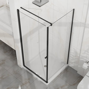 English Elm Goodyo Frameless Corner Shower Stall Tempered Glass Pivot Door with Matte Black Hardware W1223S00038
