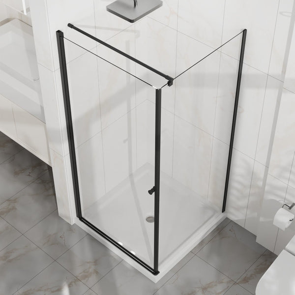 English Elm Goodyo Frameless Corner Shower Stall Tempered Glass Pivot Door with Matte Black Hardware W1223S00038